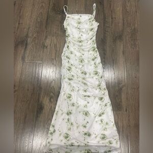 Elegant White and Green Floral Dress